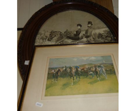 Oval black and white framed print depicting hunting and framed horse racing print