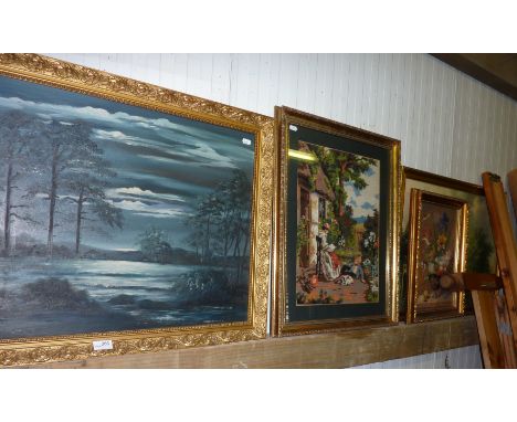 Large gilt framed oil on board depicting moonscape, 2 woolwork pictures and a framed print on board