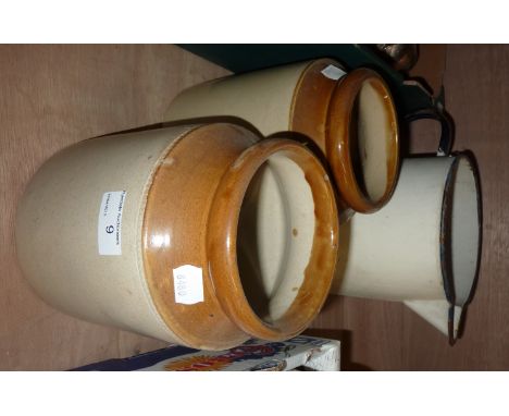 2 stone ware jars and an enamel jug