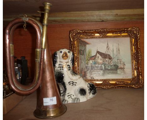 Copper bugle, Staffordshire style dog and small oil on canvas