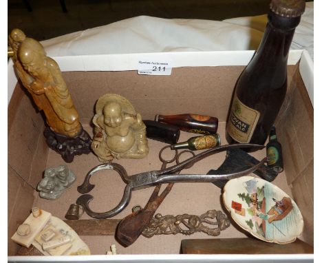 2 Soapstone oriental figures, carved bone oriental man, tin snips etc