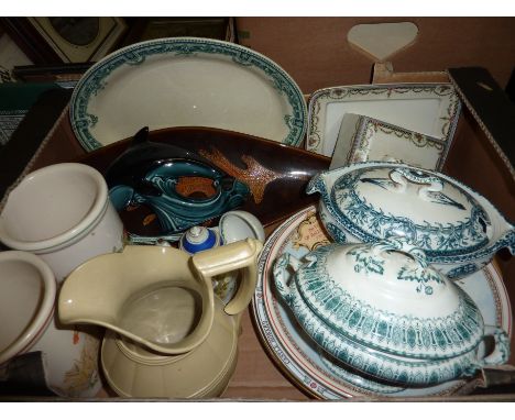 Box of decorative ceramics inc Poole pottery dolphin, lidded tureens etc