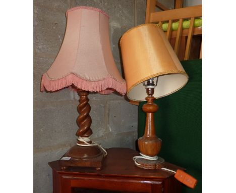 Carved barley twist column table lamp and another