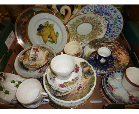 Box of decorative collectors plates, cups, saucers etc