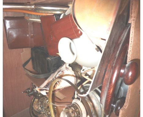 Box of collectibles inc carved shell lamp, brass pen and ink stand, paraffin lamp converted to electric, gas mask etc
