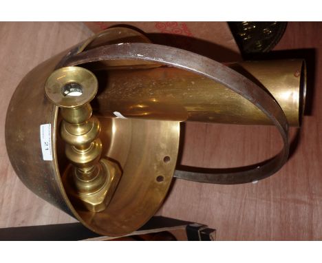 Jam pan, brass candlestick and a shell case
