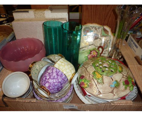 6 continental decorative cups and saucers, glass vases, Spode Party Time plates etc