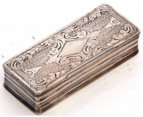 Late 19th century Continental silver snuff box of rectangular form, the ribbed body with foliate engraved and hinged cover to