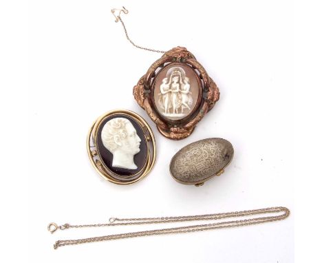Mixed Lot: Victorian hardstone cameo portrait brooch of a gentleman in a gilt metal tubular frame, Victorian carved shell cam