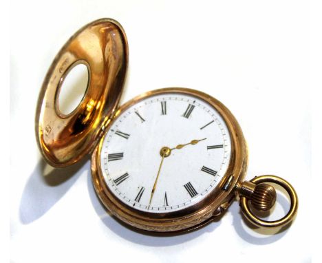 Early 20th century half hunter keyless fob watch, frosted gilt and jewelled movement, a roman enamel dial, with outside minut