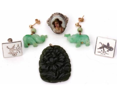 Mixed Lot: pair of Siamese enamel earrings, hand painted portrait porcelain ring, jadeite carved pendant and elephant earring