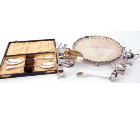 Mixed Lot: comprising a shaped circular salver, three various cruet pieces, Fiddle pattern sauce ladle, sugar hod and cased p