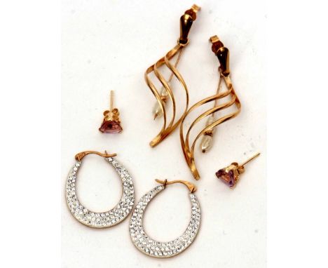 Mixed Lot: pair of 9ct stamped musical note style earrings highlighted with small blister pearls, pair of 375 stamped hoop ea