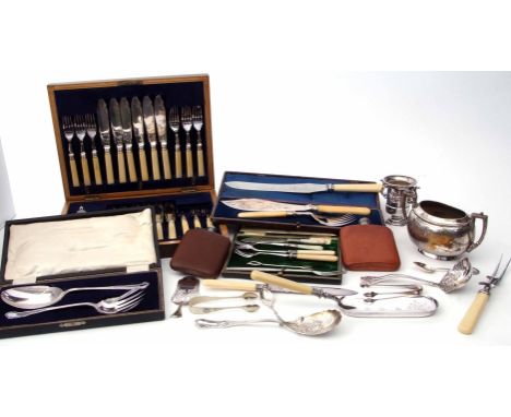 Mixed Lot: comprising various cased flatware and cutlery, further loose flatware and cutlery, hip flask, sugar bowl etc (qty)