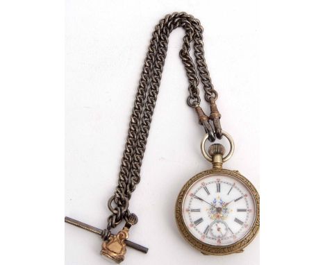Late 19th/early 20th century Swiss base metal cased open face keyless fob watch, the chequered movement with mono-metallic ba