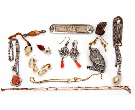 Mixed Lot: pair of vintage paste and coral drop earrings, Arts &amp; Crafts enamel bar brooch stamped Silver, hallmarked silv