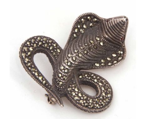 Vintage marcasite cobra brooch having coloured eyes in striking post with tail curled beneath, 40 x 35mm  