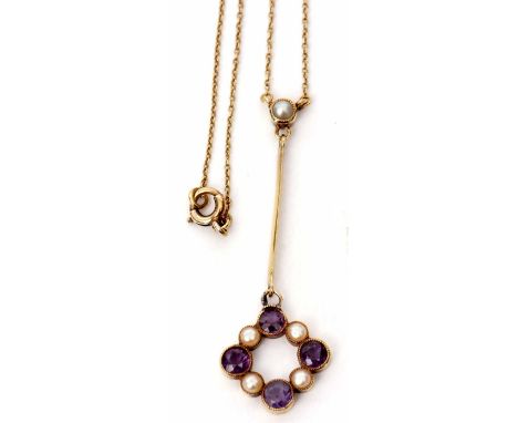 Edwardian amethyst and pearl pendant, of pierced quatrefoil shaped frame alternate set withsmall amethyst and seed pearls, al