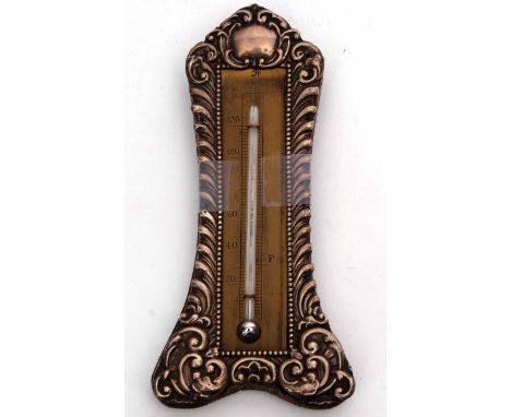 Edward VII silver mounted desk thermometer, the embossed foliate mount with vacant cartouche enclosing a single scale brass b