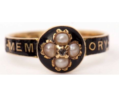 18ct gold Victorian diamond, pearl and black enamel mourning ring, the centre set with a small rose cut diamond within a surr