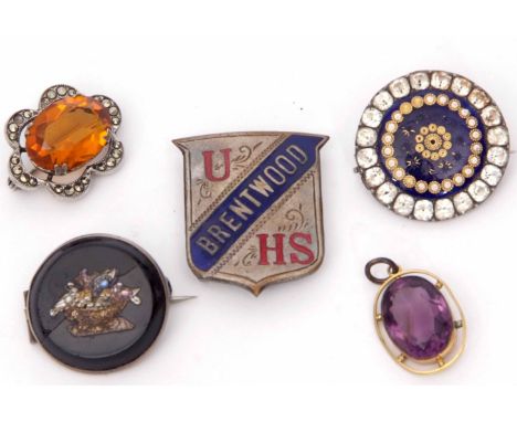Mixed Lot: vintage micro-mosaic brooch, enamel and paste set circular brooch, metal enamel "Brentwood" brooch, together with 