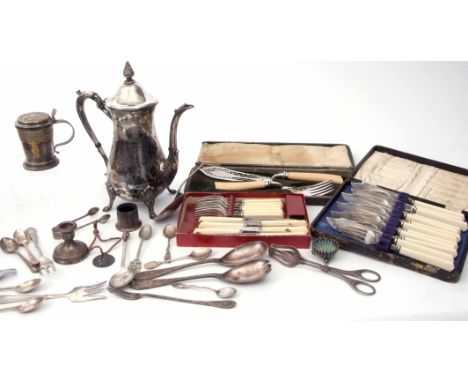 Mixed Lot: comprising electro-plated lidded mustard, assorted flatware and cutlery including cased sets and silver single dre