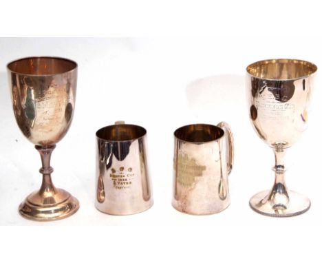 Mixed Lot: comprising two various presentation engraved goblet formed trophy cups, each with knopped stems and spreading circ