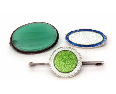 Mixed Lot: vintage two-tone blue guilloche enamel oval shaped brooch, marked verso Sterling Silver, a similar green and white