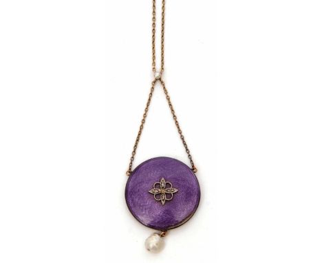 Antique enamel, diamond and pearl photo locket/pendant, the circular purple guilloche enamel highlighted with a rose cut flor