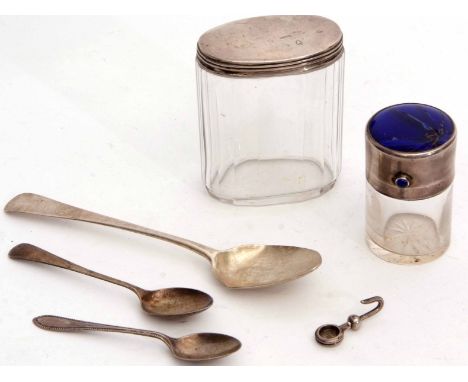 Mixed Lot: comprising a late Victorian silver mounted and clear cut glass toiletry bottle, the hinged and domed cover inset w