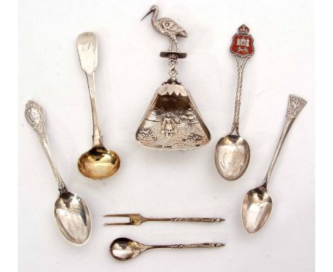Mixed Lot: comprising seven various silver and white metal spoons and a fork, combined weight approx 103gms, various dates an