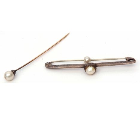 Mixed Lot: antique stick pin with a cultured pearl finial in a rose cut diamond setting, together with a vintage cultured pea