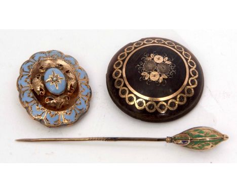 Mixed Lot: Victorian pique brooch of circular shield design, gold and silver inlaid, a Victorian target brooch, inlaid with b