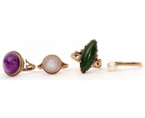 Mixed Lot: four 9ct stamped dress rings to include a marquise shaped jade ring, a cabochon amethyst ring (broken mount), a mo