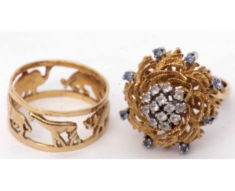 Mixed Lot: yellow metal and paste set dress ring, large flowerhead highlighted with white and pale blue paste, raised in a ba