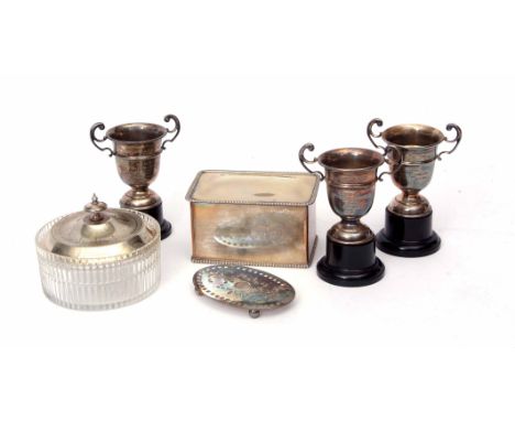 Mixed Lot: assorted electro-plated presentation inscribed trophy cups, electro-plate lidded and clear cut glass butter dish a