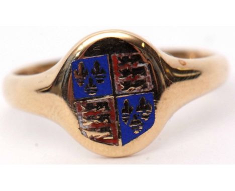 Antique 9ct gold and enamel ring, the oval panel with a red and blue enamel shield to a plain polished mount, Birmingham 1932