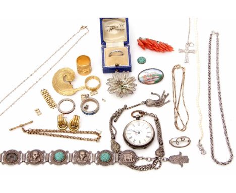 Mixed Lot: enamel dial watch stamped 800, white metal rope twist chain, two fine 9ct gold chains (5.7gms), a Luzern oval broo