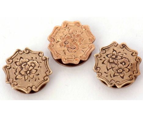 Cased vintage set of three yellow metal engraved studs 1.9gms  