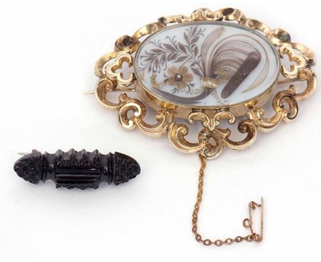 Mixed Lot: large Victorian mourning brooch, set with locks of hair and seed pearls, circa 1870, 60 x 45mm, all within an orna