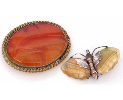 Mixed Lot: vintage agate and white metal moth brooch, 45 x 25mm, together with a large oval agate brooch in a gilt metal fram