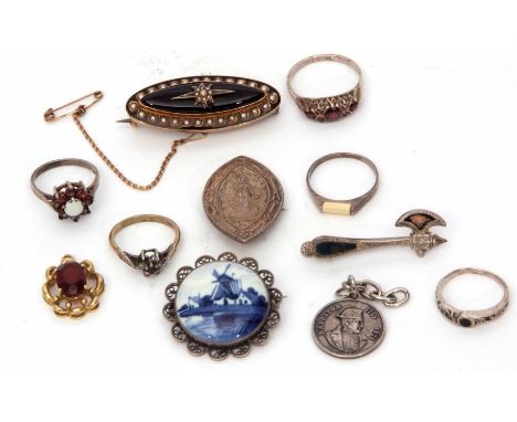 Mixed Lot: Victorian onyx and seed pearl bar brooch, a vintage white metal axe brooch, Delft porcelain brooch and a hallmarke