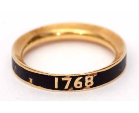 Georgian gold and enamel mourning ring, the waisted thin band with black filled enamel detail, dated 1768, size I (a/f)  