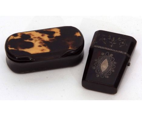 Mixed Lot: comprising a silver mounted tortoiseshell etui case of hinged and tapering form with inlaid floral detail and vaca