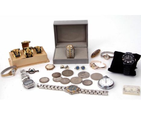 Shoe box with various watches, boxed matching bangle and earring set, quantity of English coinage etc 