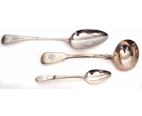 Mixed Lot: comprising an engraved Old English pattern table spoon, Fiddle pattern sauce ladle and single bright cut tea spoon