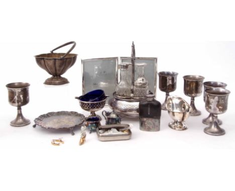 Mixed Lot: comprising four bottle cruet, assorted goblets, swing handled sugar basins, salvers and trays, hip flask, cruet pi