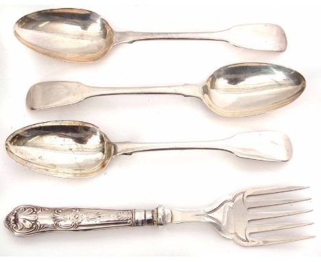 Mixed Lot: comprising three Victorian Fiddle pattern table spoons, London 1845, maker's mark IL, HL, combined weight approx 1