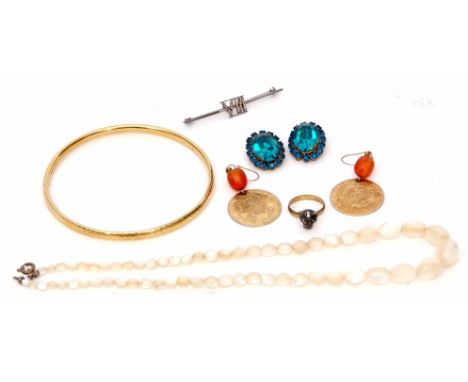 Mixed Lot: pair of gilt metal coin and bead earrings, gold plated bangle, marcasite ring, brooch and bar brooch, costume earr