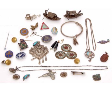 Mixed Lot: large filigree white metal pendant, two metal Chinese fishing boats, hallmarked silver and enamelled nursing medal